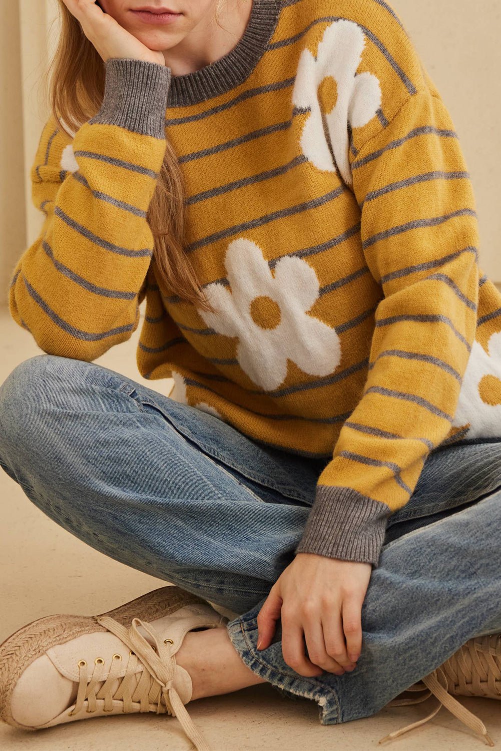 Yellow Striped Daisy Flower Long Sleeve Sweater - MAD RUFFI