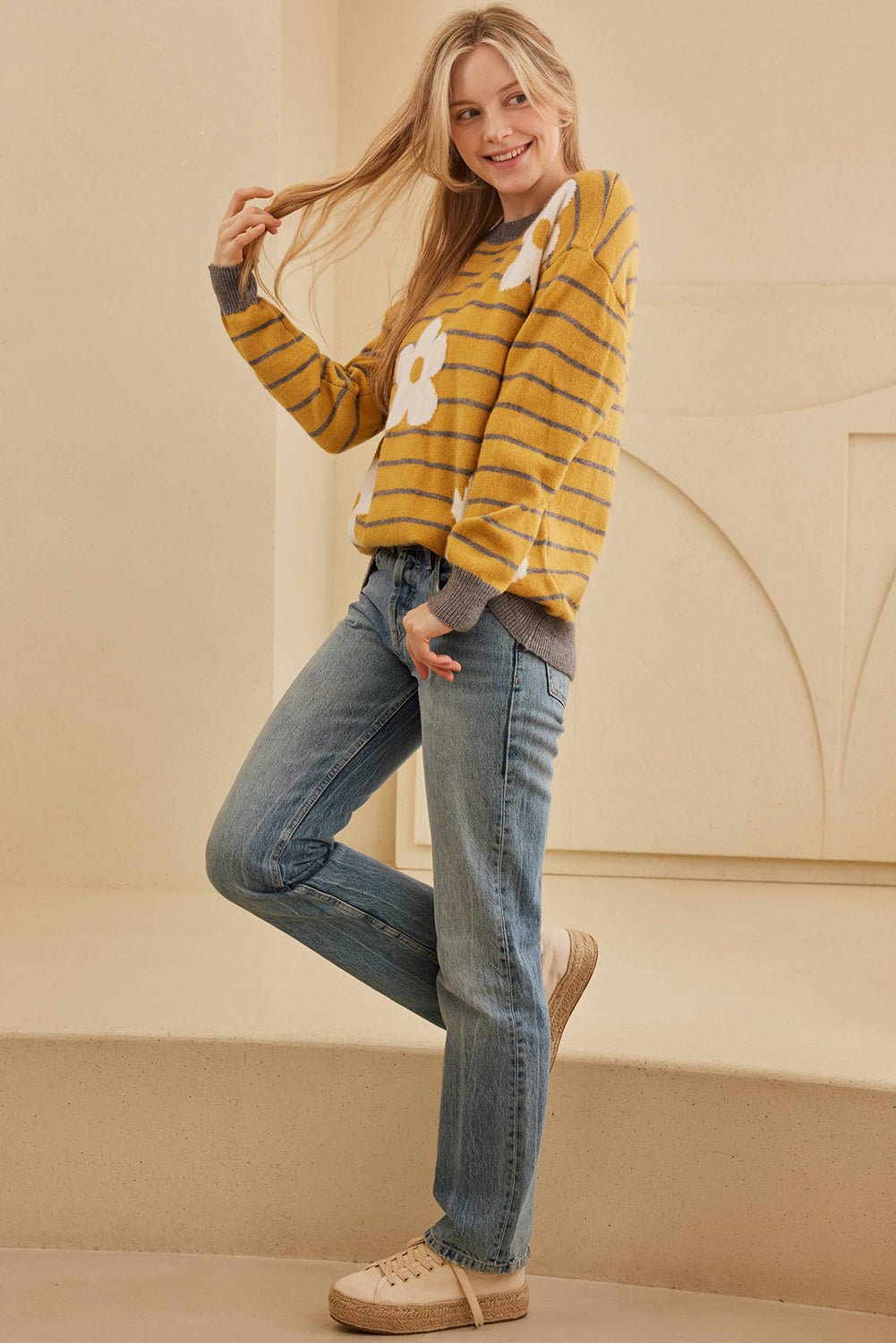 Yellow Striped Daisy Flower Long Sleeve Sweater - MAD RUFFI