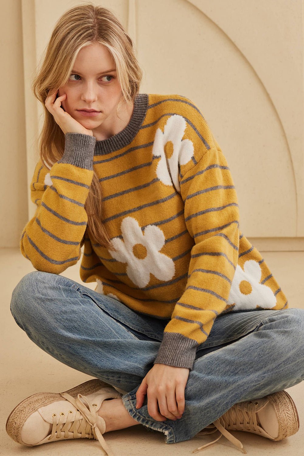Yellow Striped Daisy Flower Long Sleeve Sweater - MAD RUFFI