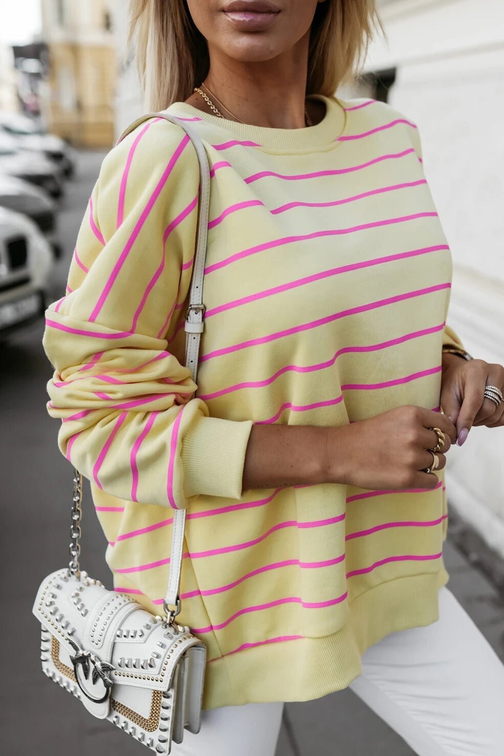Yellow Striped Overlap Detail Drop Shoulder Pullover Sweatshirt - MAD RUFFI
