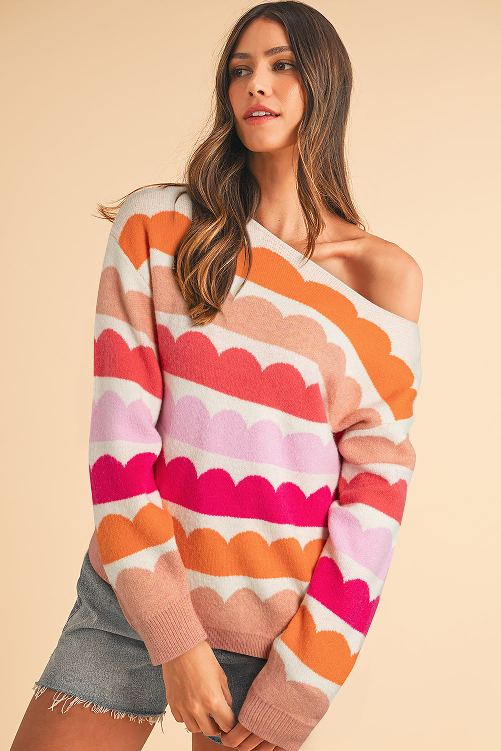 Yellow Wave Striped Balloon Sleeve Drop Shoulder Sweater - MAD RUFFI