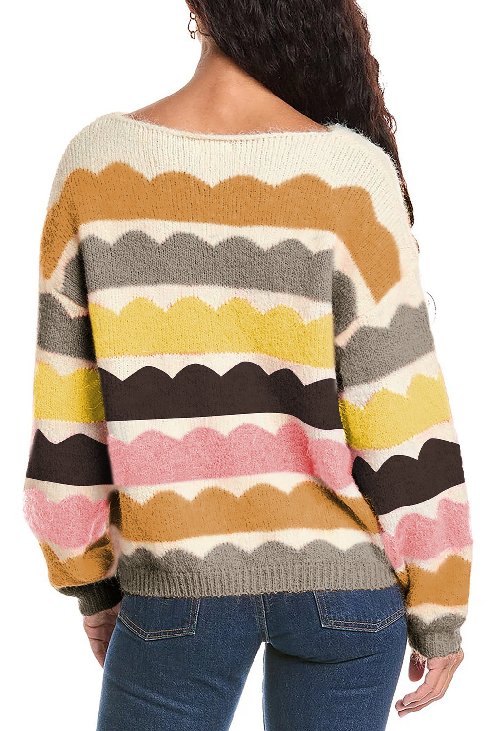 Yellow Wave Striped Balloon Sleeve Drop Shoulder Sweater - MAD RUFFI