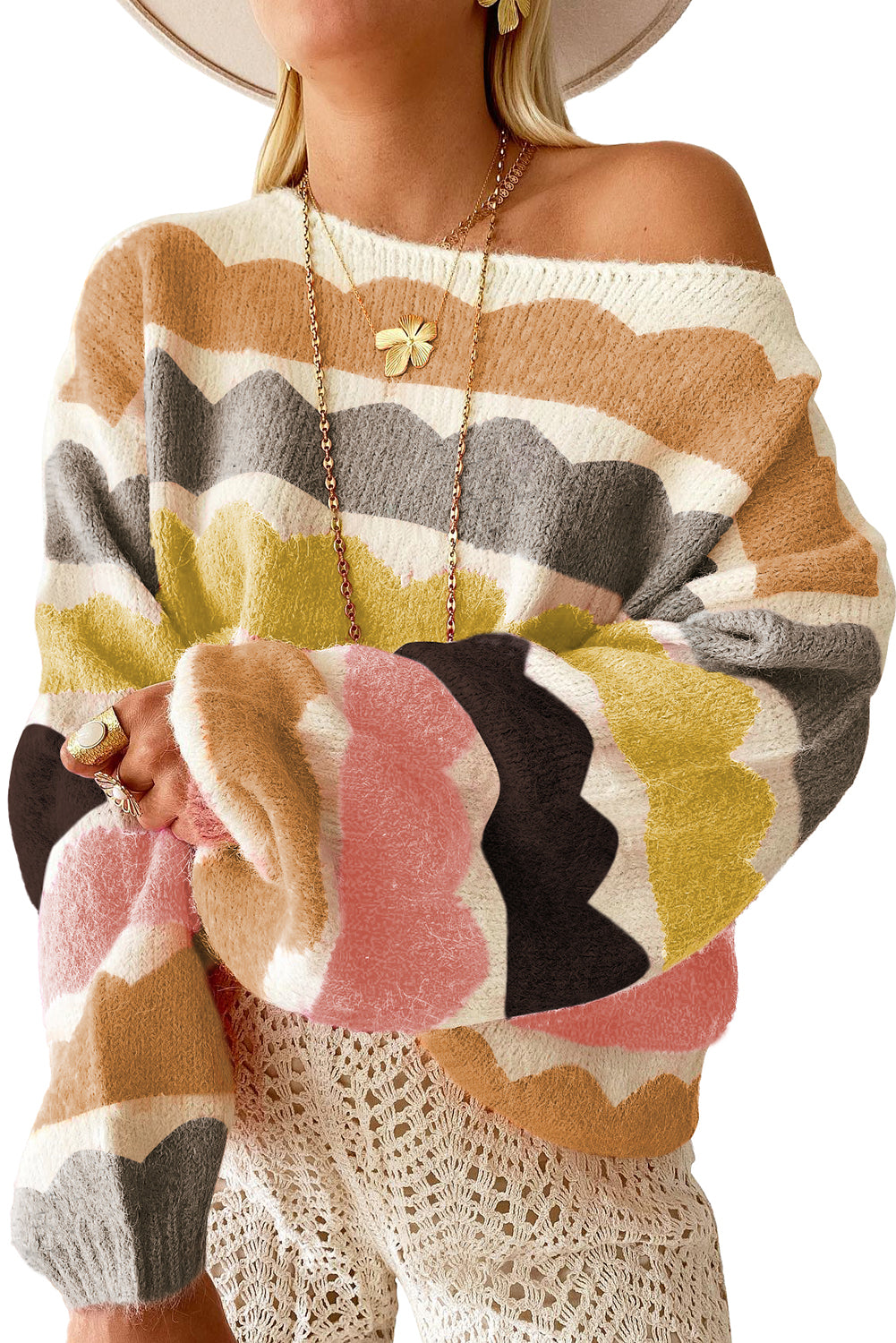 Yellow Wave Striped Balloon Sleeve Drop Shoulder Sweater - MAD RUFFI