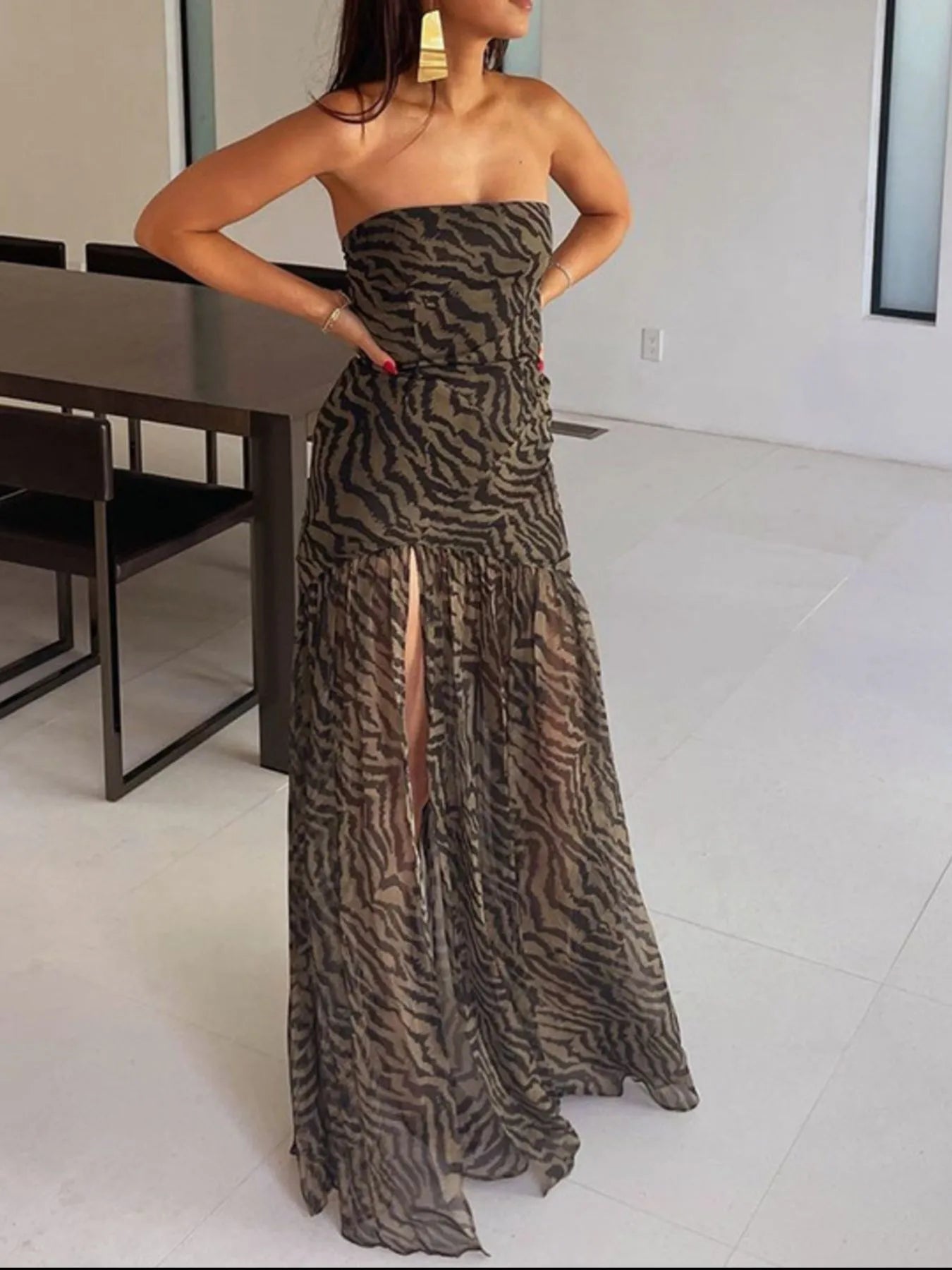 Zebra Print Maxi Dress with Side Slit - MAD RUFFI