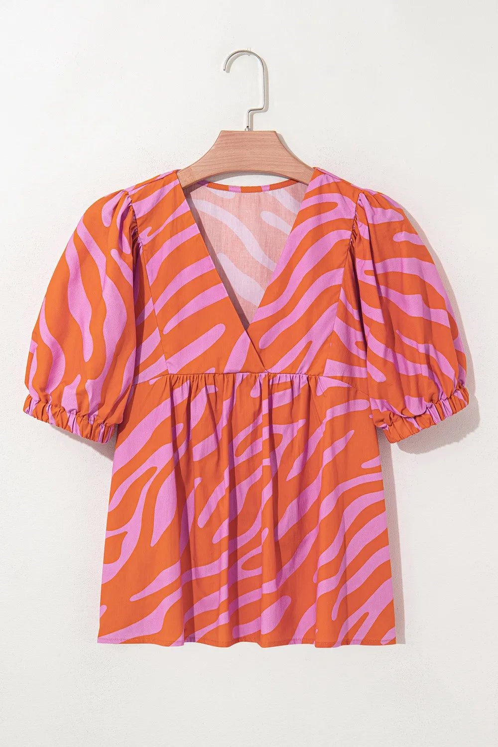 Zebra Stripe Print Ruched Cuff Half Sleeve V Neck Blouse - MAD RUFFI