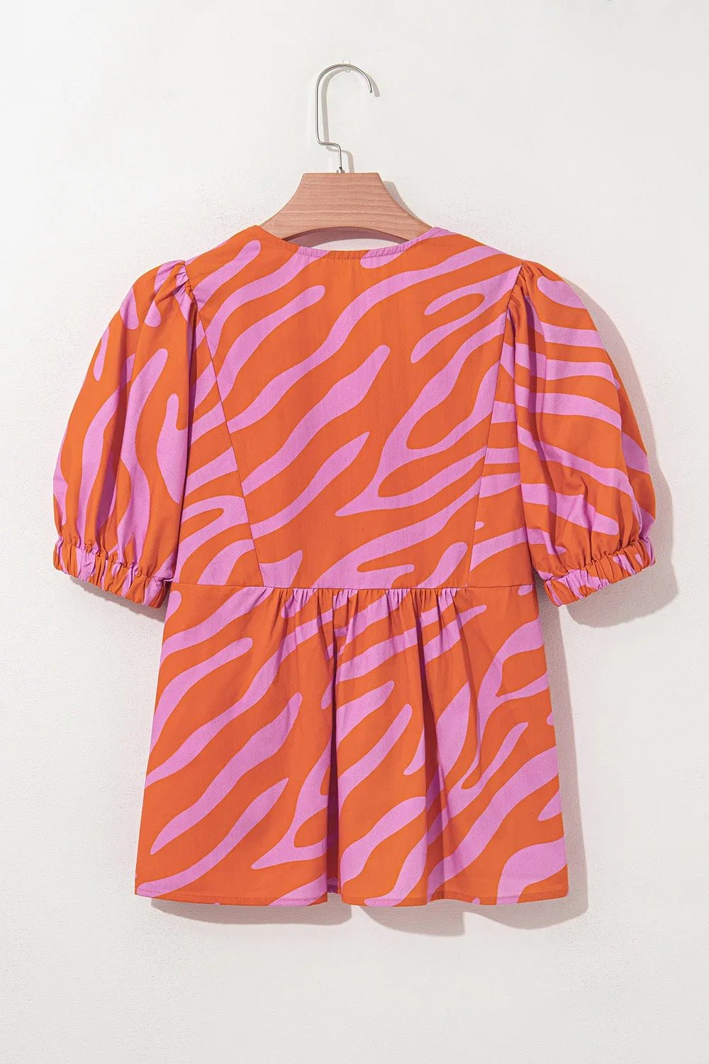 Zebra Stripe Print Ruched Cuff Half Sleeve V Neck Blouse - MAD RUFFI