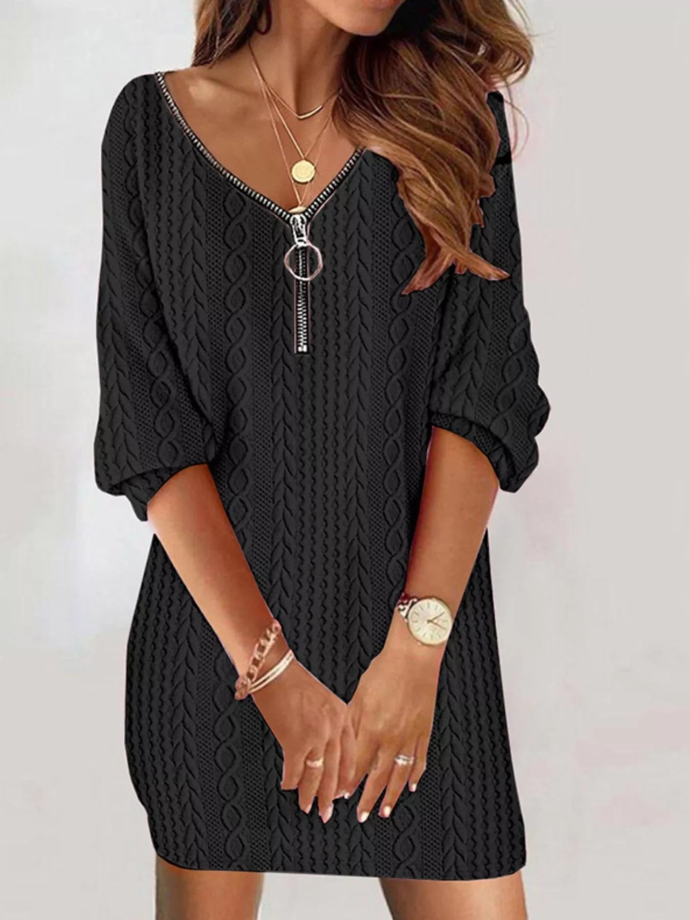 Zip Detail Textured Knit Mini Sweater - MAD RUFFI