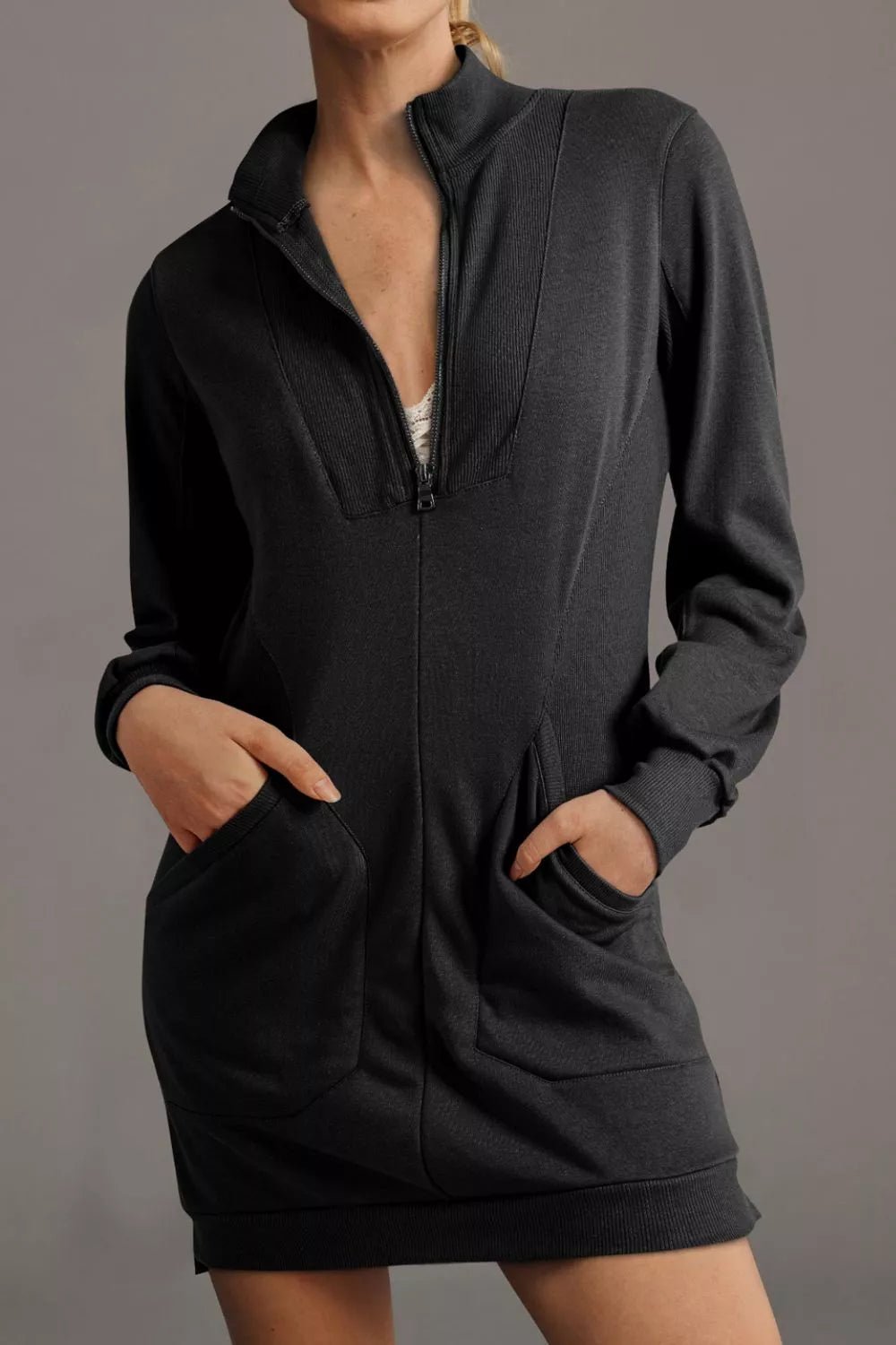 Zip Front Long Sleeve Sweatshirt Dress - MAD RUFFI