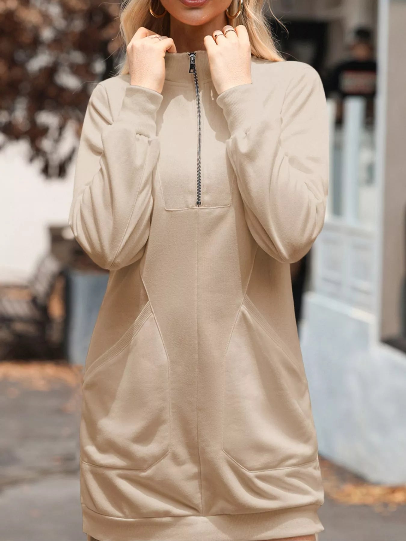 Zip Up Collared Ribbed Patchwork Sweatshirt Dress with Pockets - MAD RUFFI