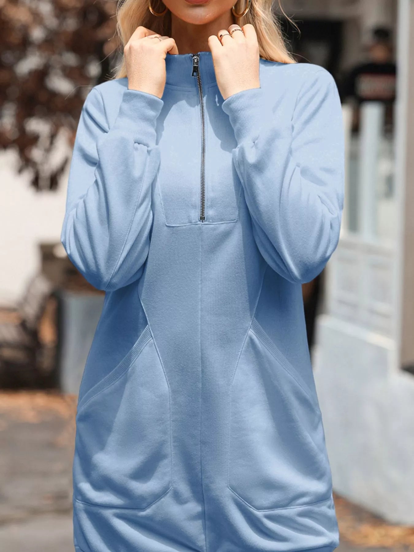 Zip Up Collared Ribbed Patchwork Sweatshirt Dress with Pockets - MAD RUFFI