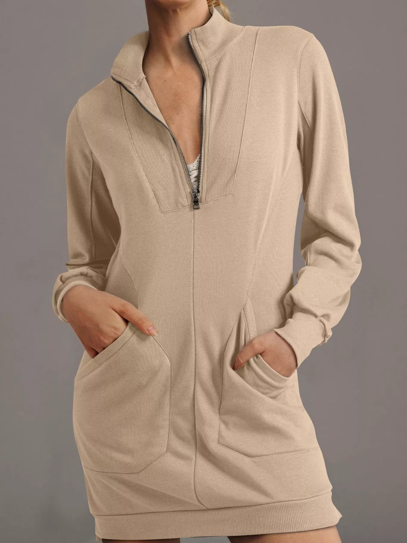 Zip Up Collared Ribbed Patchwork Sweatshirt Dress with Pockets - MAD RUFFI