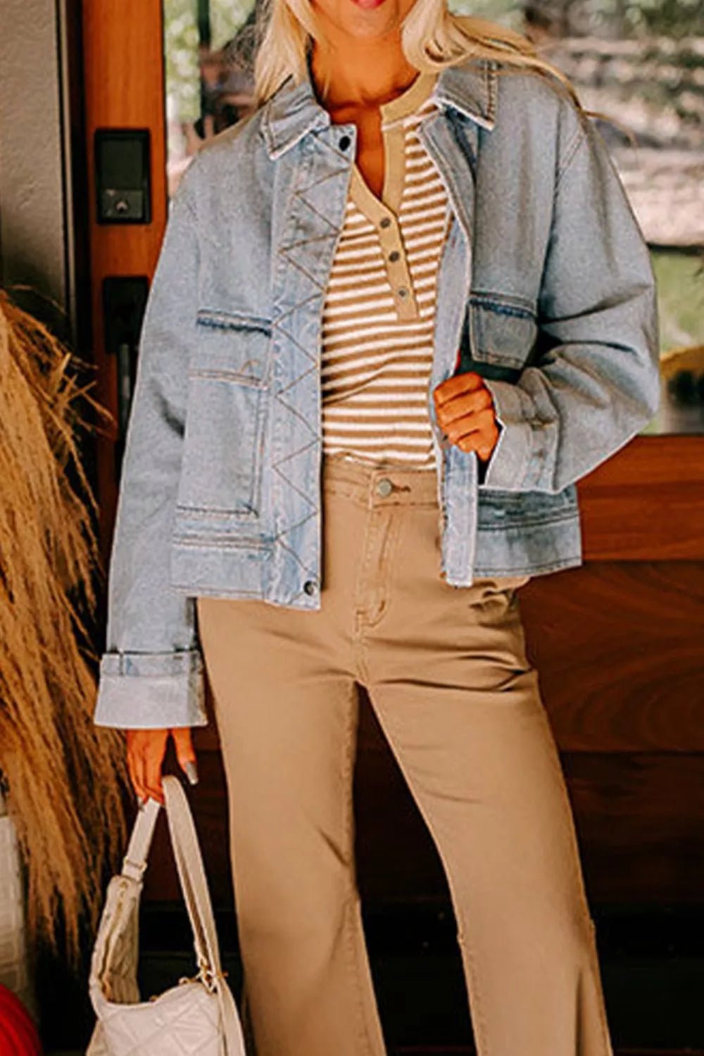 Zip Up Drop Shoulder Denim Jacket - MAD RUFFI