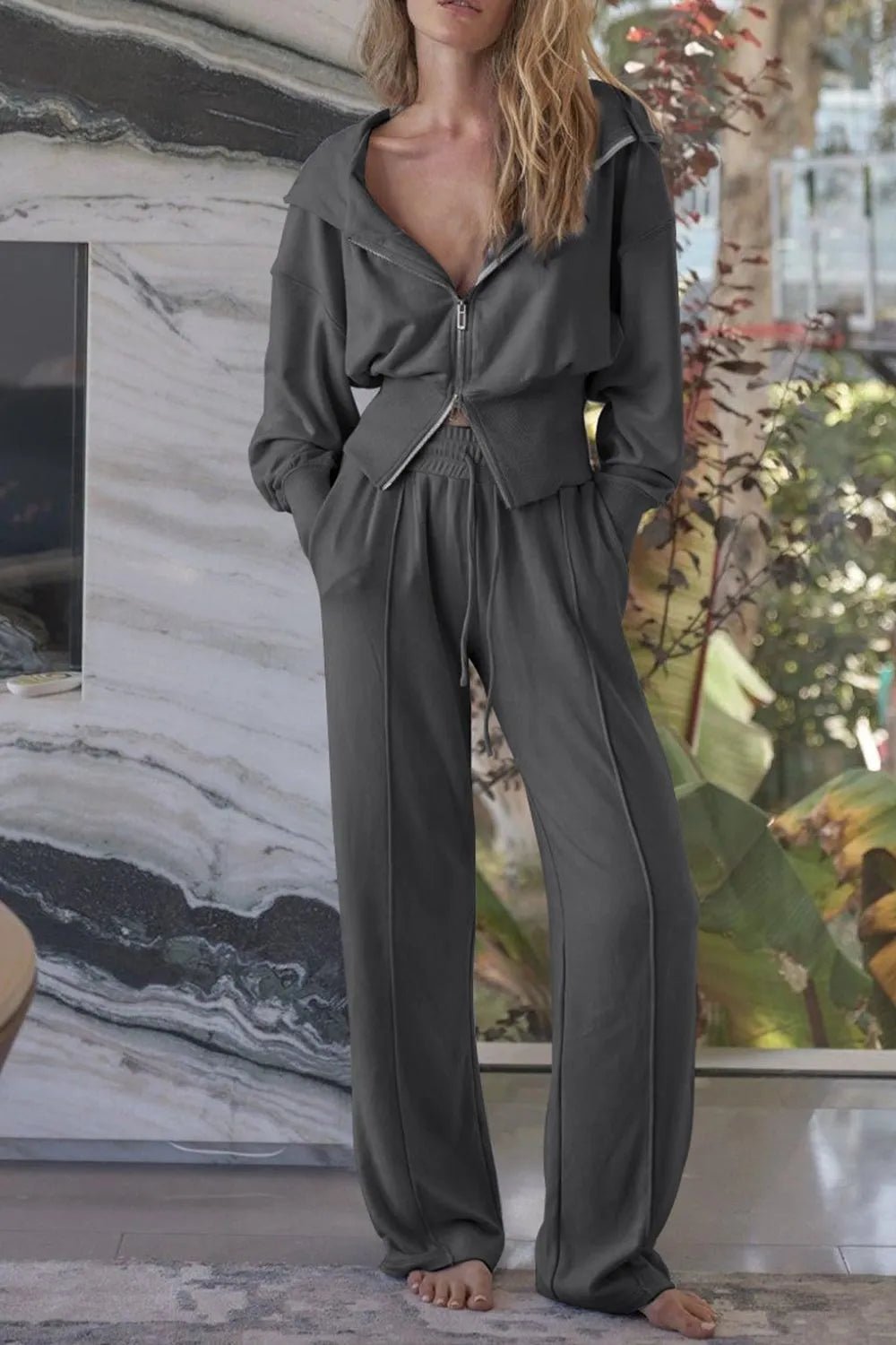 Zip - Up Hoodie and Pants Active Set - MAD RUFFI